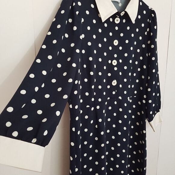 SAVOIA Classic Navy and White Polka Dot  Long Sleeve Dress with Cuffs - Picture 3 of 15